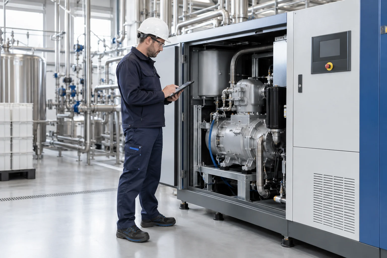Tecnico che controlla un compressore a vite oil-free durante la manutenzione